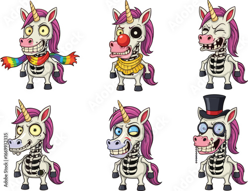 Cartoon skeletal unicorns with purple manes, golden horns, expressive faces, humorous accessories, undead character vector illustration set for fantasy and Halloween themes