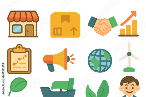 Children's Trade Illustrations. Flat vector mini-illustrations SME export support deal in colors children’s illustrations: small