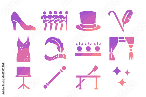 Chorus Line Icons. Gradient icons set of chorus line kick routines: chorus heels, kick line, top hat, cane, sequined dress,