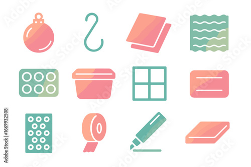 Christmas Storage Icons. Gradient icons set of storing Christmas ornaments: glass bauble, ornament hook, tissue paper, cushioning