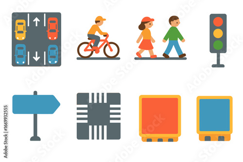 City Intersection Icons. Flat vector mini-illustrations Bird’s eye view of busy city intersection in colors children’s