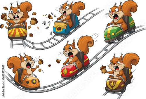 Cartoon squirrels riding roller coaster in colorful cars, expressive reactions with flying acorns, fun character vector illustration set for amusement and adventure themes