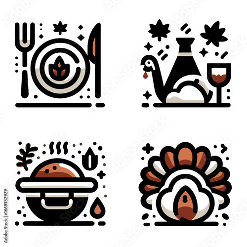 Set of 4 icons for Thanksgiving including food elements and décor  