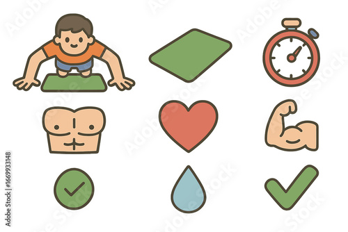 Colorful Exercise Icons. Flat vector mini-illustrations Wide grip push-up for chest in colors children's illustrations: person
