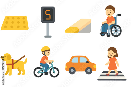 Colorful Intersection Icons. Flat vector mini-illustrations Accessible intersection features in colors children’s illustrations: