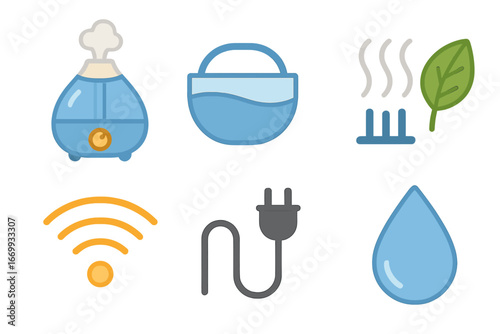 Colorful Humidifier Icons. Flat vector mini-illustrations Humidifier device in colors children's illustrations: humidifier, water