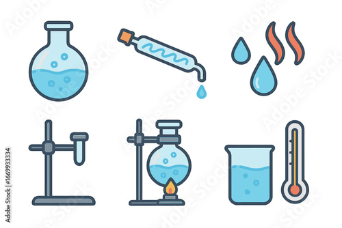 Colorful Lab Setup. Flat vector mini-illustrations Distillation setup in colors children's illustrations: round-bottom flask,
