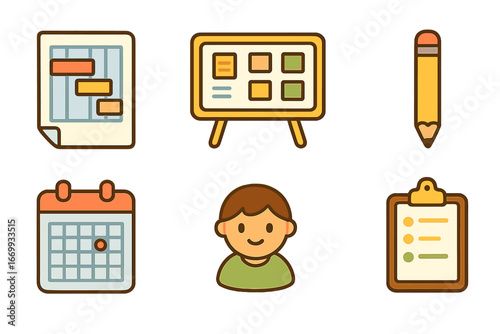 Colorful Planning Icons. Flat vector mini-illustrations Project planning workshop in colors children’s illustrations: Gantt chart,