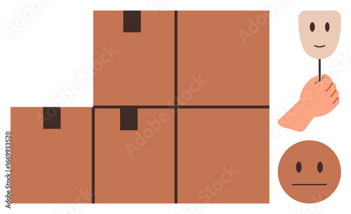 Stacked cardboard boxes symbolize hidden emotions, alongside a hand holding a smiling mask, with a neutral face beneath. Ideal for psychology, emotion handling, mental health, workplace stress