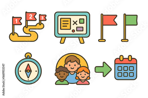 Colorful Strategy Session Icons. Flat vector mini-illustrations Strategy and roadmap session in colors children’s illustrations: