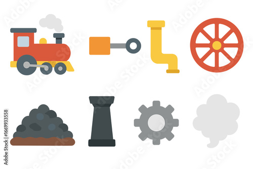 Colorful Steam Engine Icons. Flat vector mini-illustrations Steam engine mechanism in colors children's illustrations: locomotive,