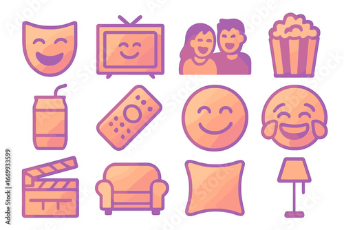 Comedy Show Icons. Gradient icons set of laughter during comedy show: comedy mask, TV screen, couple laughing, popcorn bucket,