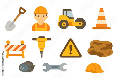Construction Zone Icons. Flat vector mini-illustrations Road reconstruction after flood in colors children's illustrations: shovel