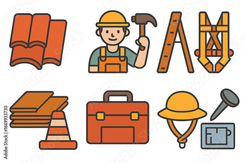Constructive Play Icons. Flat vector mini-illustrations Hospital wing restoration in colors children's illustrations: hospital