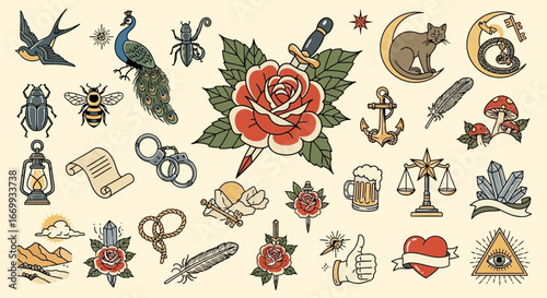 A collection of vintage-style tattoo flash art featuring various symbols, animals, objects, and designs on a light background.