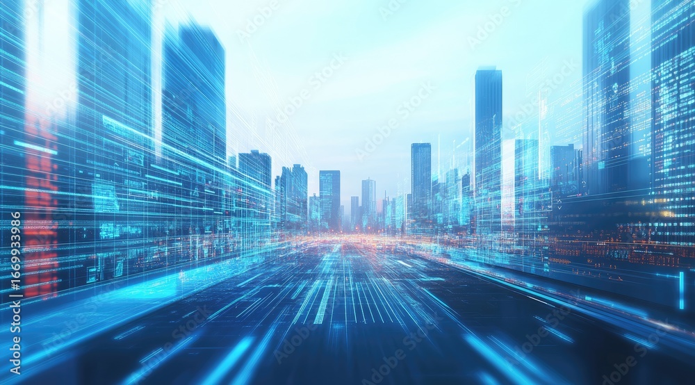 Fototapeta premium Futuristic city street with digital data streaks