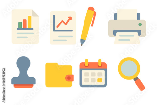 Cute Reporting Icons. Flat vector mini-illustrations Regulatory reporting in colors children's illustrations: report document,