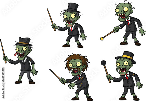 Cartoon zombie conductor vector set, undead characters in formal suits with batons, horror music theme, funny poses, Halloween vibe, isolated illustration