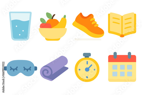 Daily Positive Habits. Flat vector mini-illustrations Daily positive habits in colors children's illustrations: water glass, fruit