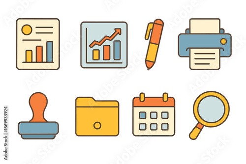 Cute Reporting Icons. Flat vector mini-illustrations Regulatory reporting in colors children's illustrations: report document,