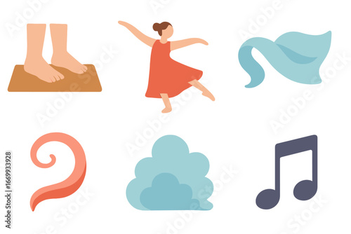 Dance Icons on Wood. Flat vector mini-illustrations Contemporary dance barefoot on wooden floor in colors children's illustrations