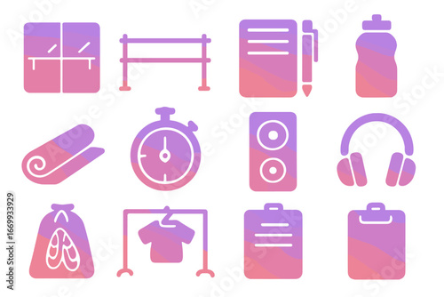 Dance Studio Essentials. Gradient icons set of dance rehearsal studio essentials: mirrored wall, ballet barre, notebook, pen,