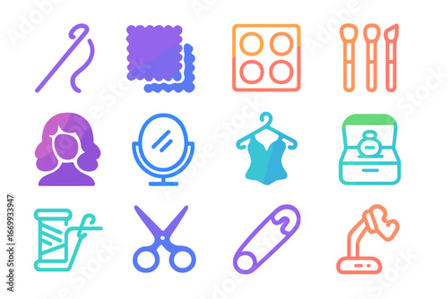 Dancer's Prep Essentials. Gradient icons set of costume and makeup prep for dancers: sewing needle, fabric swatch, makeup palette,