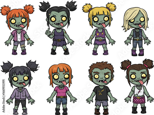 Cartoon zombie children vector set, undead kids with green skin, tattered clothes, funny expressions, horror humor, Halloween theme, isolated illustrationCartoon zombie children vector set, 