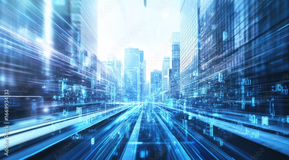 Fototapeta premium Futuristic city street, digital data