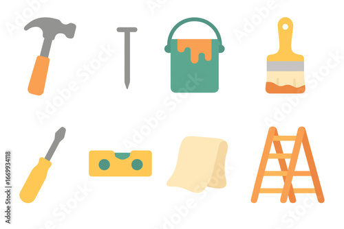 DIY Tools for Kids. Flat vector mini-illustrations DIY home repair in colors children's illustrations: claw hammer, finishing nail