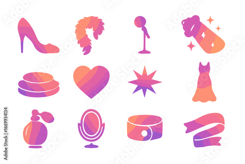 Diva Dance Icons. Gradient icons set of solo diva dance numbers: stiletto heel, feather boa, microphone stand, glitter spotlight,