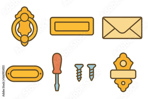Door Decor Icons. Flat vector mini-illustrations Attaching door knocker and mail slot in colors children's illustrations: