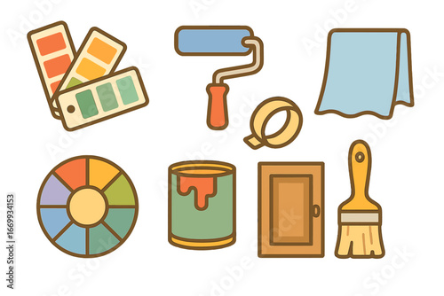 Door Painting Icons. Flat vector mini-illustrations Door repainting and color scheme selection in colors children's illustrations: