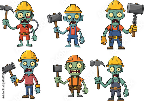 Cartoon zombie construction workers with tools and hard hats, humorous undead characters in work gear, Halloween vector illustration set, green skin monsters