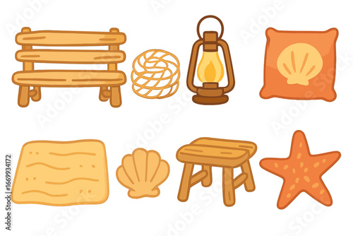 Driftwood Seating Icons. Flat vector mini-illustrations Driftwood seating area in colors children's illustrations: driftwood bench