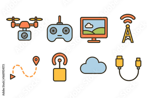 Drone Broadcast Icons. Flat vector mini-illustrations Drone aerial broadcast in colors children's illustrations: camera drone,