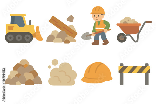 Earthquake Debris Cleanup. Flat vector mini-illustrations Debris clearing after earthquake in colors children's illustrations: