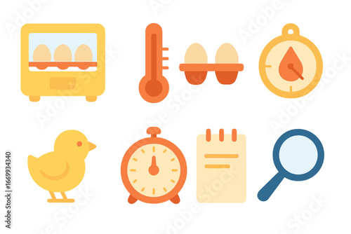 Egg Hatching Tools. Flat vector mini-illustrations Incubator monitoring and hatching eggs in colors children's illustrations: