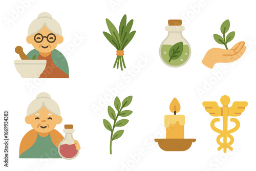 Elder Healing and Music Icons. Flat vector mini-illustrations Healer elders with medicinal herbs in colors children's