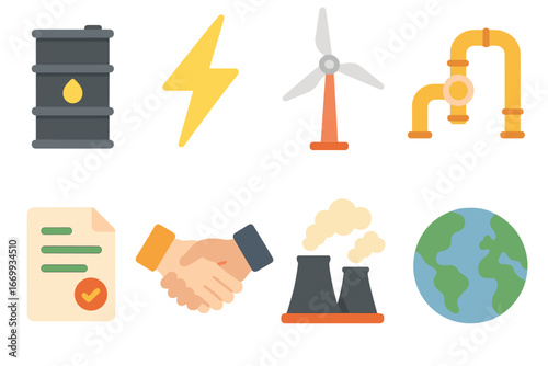 Energy Trade Icons. Flat vector mini-illustrations Energy trade partnership in colors children’s illustrations: oil barrel,