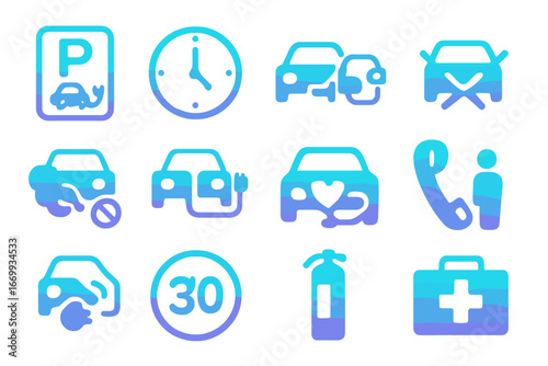 EV Icons Gradient Set. Gradient icons set of charging etiquette and signage: EV parking sign, time limit icon, obstructing car