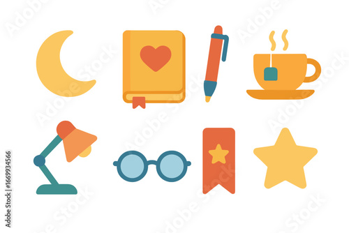Evening Reflection Icons. Flat vector mini-illustrations Evening review and reflection in colors children’s illustrations: moon,