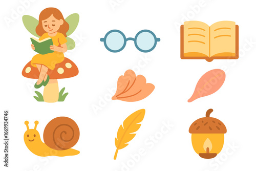 Fairy Reads on Toadstool. Flat vector mini-illustrations Fairy reading on a toadstool in colors children's illustrations: fairy