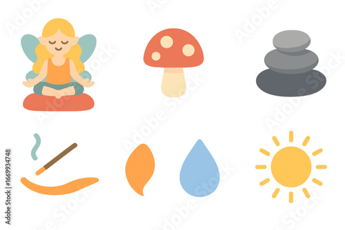 Fairy Yoga Scene. Flat vector mini-illustrations Fairy yoga on a mushroom platform in colors children's illustrations: fairy in