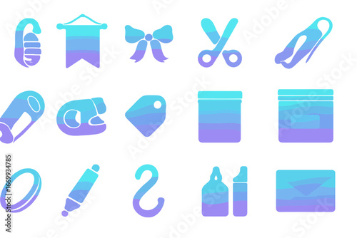 Festive Packing Icons. Gradient icons set of packing festive banners: fabric banner, dowel rod, ribbon tie, scissors, paper tube,