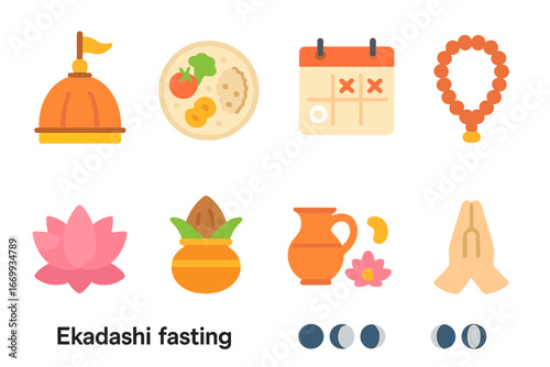Festival Traditions for Kids. Flat vector mini-illustrations Ekadashi fasting in colors children's illustrations: temple dome,