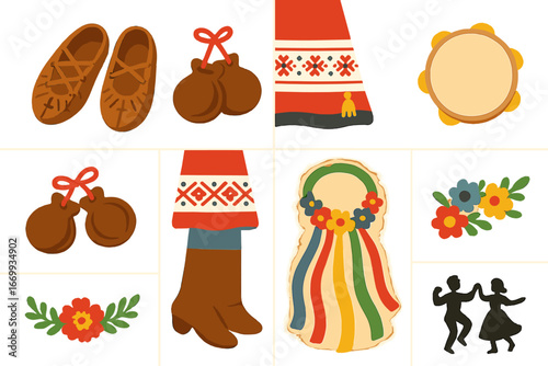 Folk Dance Treasures. Flat vector mini-illustrations Traditional folk dance shoes on wooden floor in colors children's