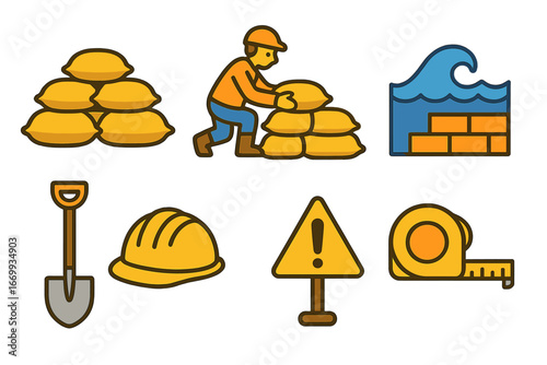 Flood Defense Icons. Flat vector mini-illustrations Flood barrier reinforcement in colors children's illustrations: sandbag stack,