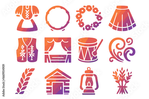 Folk Dance Icon Set. Gradient icons set of folk dance theater scenes: folk costume, tambourine, floral wreath, dance skirt,