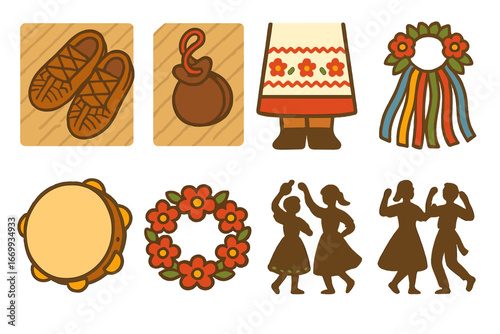 Folk Dance Treasures. Flat vector mini-illustrations Traditional folk dance shoes on wooden floor in colors children's